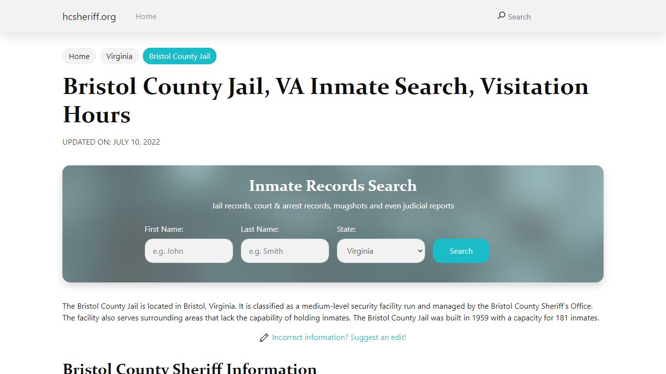 Bristol County Jail , VA Inmate Search, Visitation Hours